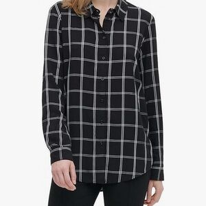 Calvin Klein Womens Windowpane Woven Button-Down Top